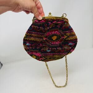 Vintage Embroidered Tapestry Carpet Bag Kiss Lock Gold Chain Boho Evening Purse